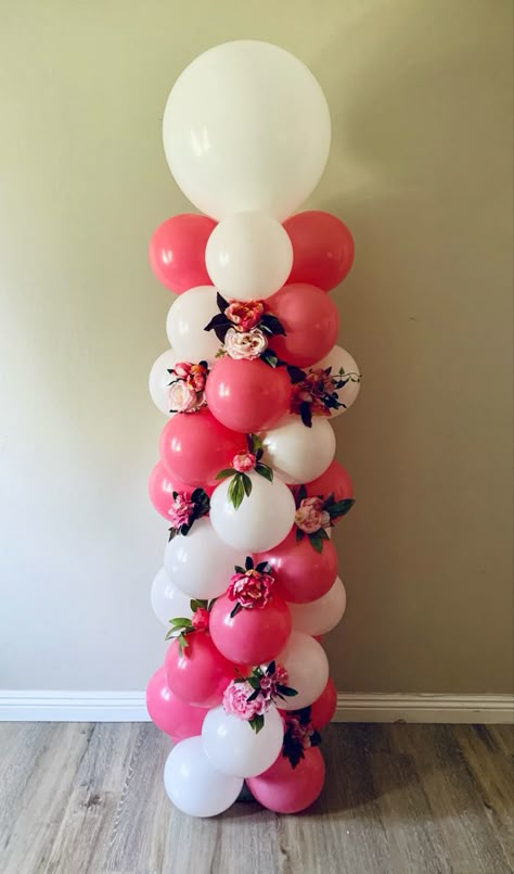 Pink And White Balloon Columns, Standing Balloons Decorations, Balloon Columns For Wedding, Mother’s Day Balloon Garland Ideas, Mother’s Day Balloon Column, Mother’s Day Decoration Party, Mother's Day Balloon Decorations, Balloons And Flowers Decorations, Wedding Balloon Columns