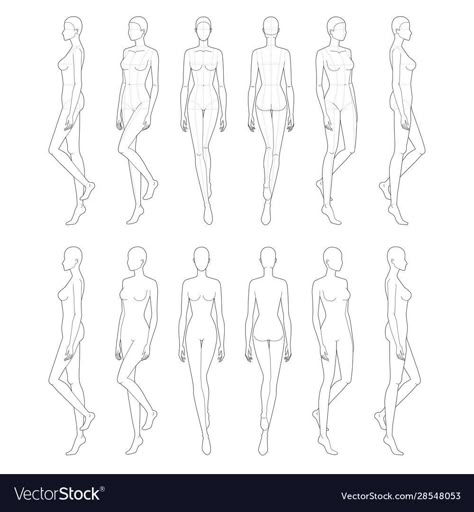 Walking Drawing Poses Side, Side View Whole Body Drawing, Fashion Figure Side View, Drawing Poses Front View, Female Walking Poses Drawing, How To Draw Walking Pose, Side Stance Reference, Model Walking Side View, Drawing Of Someone Walking