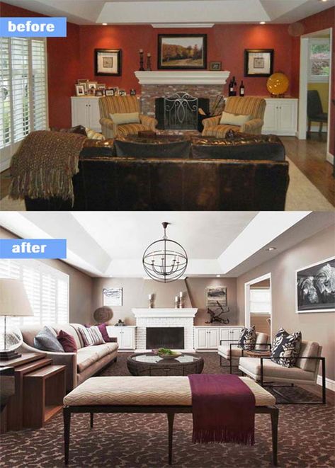 Living Room Before & After make over update staging. Neutralized wall paint, painted brick fireplace, statement ceiling light fixture, moved couch blocking entrance for low bench. New bigger area rug. Family Friendly Living Room, Small Basement Remodel, Apartment Hacks, Living Room Light Fixtures, Living Room Furniture Layout, Leaving Room, Home Remodeling Diy, Living Room Bench, Room Remodel