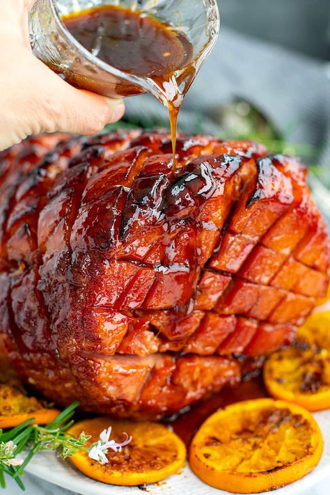 Orange Bourbon Glazed Ham Bourbon Orange Glazed Ham, Orange Bourbon Glazed Ham, Thanking Recipes, Ham Recipes For Christmas, Bourbon Brown Sugar Ham, Cranberry Ham Glaze Recipe, Orange Marmalade Ham Glaze, Ham Glaze With Orange Juice, Ham Glaze Brown Sugar Orange Juice