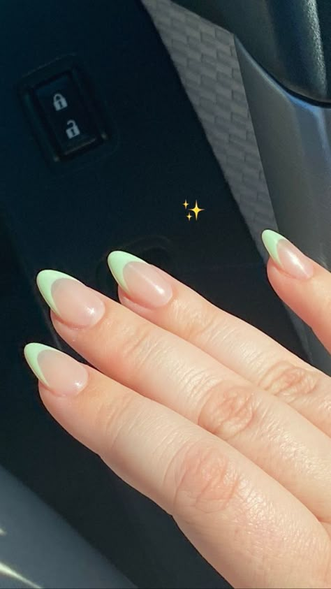 Square Pastel French Tip Nails, Simple Almond Acrylic Nails French Tip, Almond Nail Green French Tip, Green Nails Acrylic Almond French Tip, Almond Nails French Tip Different Colors, Nail Inspo Acrylic Almond French Tip, French Tip Dip Nails Oval, Mint Green French Tip Nails Almond, Cute Purple Acrylic Nails Almond