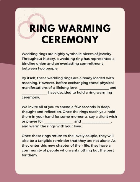 3 Ring Warming Ceremony Scripts & Samples (+Free PDFs) Wedding Ring Warming Ceremony, Ring Warming, Wedding Cermony, Emerald Green Wedding Theme, Ring Warming Ceremony, Wedding Officiant Script, Ceremony Readings, Ceremony Script, Wedding Ceremony Readings