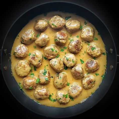 VEGAN SWEDISH MEATBALLS in Cream Sauce Meatballs In Cream Sauce, Swedish Meatball Gravy, Vegan Swedish Meatballs, Swedish Meatball Sauce, Lingonberry Jam, Meatballs And Gravy, Over Mashed Potatoes, All Spice, Vegan Worcestershire Sauce