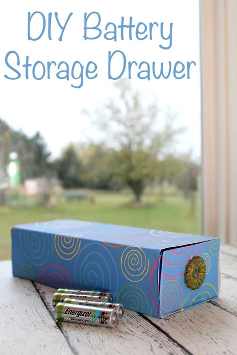 Keep your batteries organized with a DIY battery storage drawer made from a recycled q-tip box. #BringingInnovation AD Q Tip Storage, Battery Storage Ideas, Battery Organization, Corkboard Ideas Decor, Too Much Stuff, Storage Center, Cute Scrapbooks, Recycling Containers, Rustic Crafts