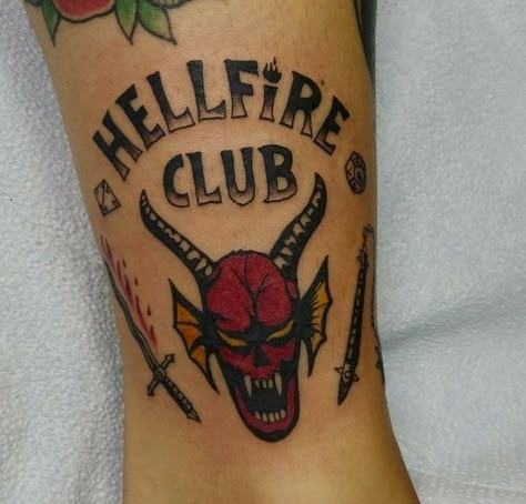 Hellfire Club Tattoo, Small Stranger Things Tattoo, Eddie Munson Tattoo Ideas, Hellfire Tattoo, Eddie Munson Tattoos, Quotes Tattoo Design, Stranger Things Tattoo Ideas, Just Tattoo, Tattoo Animation