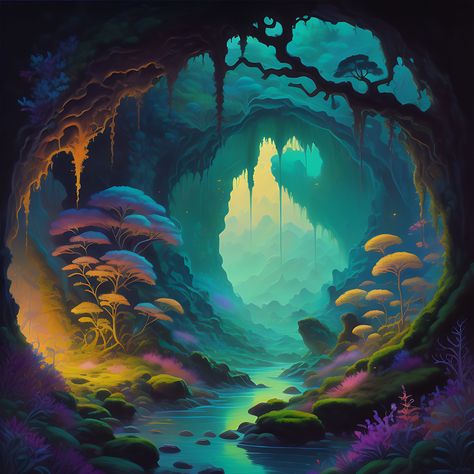 Cave Of Radiance, on ArtStation at https://www.artstation.com/artwork/rJvbkL Caves Illustration, Fantasy Cave, Lush Cave, Magical Cave, Cave Illustration, Cave Drawing, Magical Cottage, Dragon Cave, Mermaid Stories