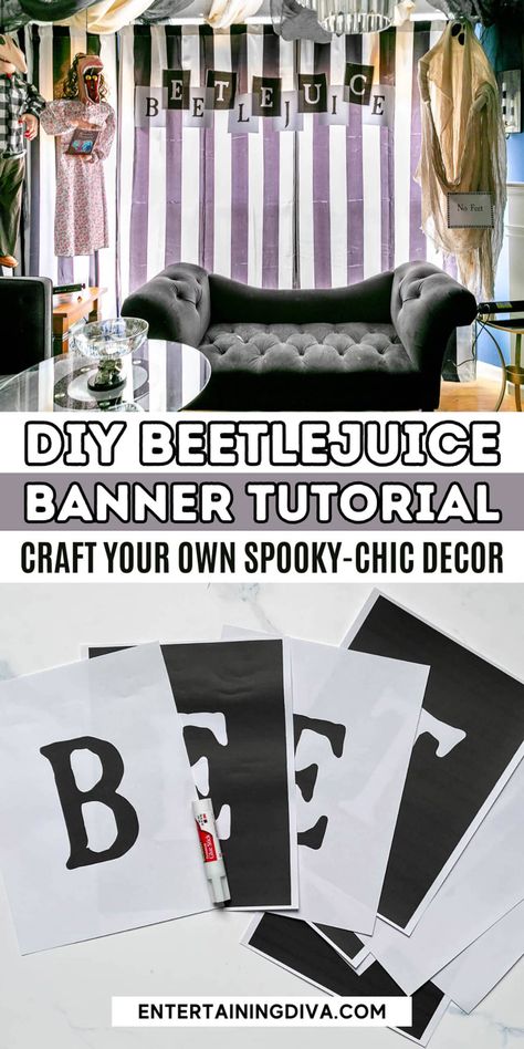 DIY Beetlejuice Banner | Halloween Beetlejuice Cricut Projects, Beetlejuice Diy Decor, Diy Horror Decor, Beetlejuice Room, Diy Beetlejuice, Diy Halloween Tree, Three Esta, Beetlejuice Party, Juice Party