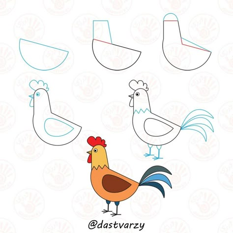 How To Draw A Rooster Step By Step, How To Draw Farm Animals Easy, Easy Farm Animal Drawings, How To Draw Farm Animals, Farm Drawing Easy, How To Draw A Chicken, How To Draw For Kids Step By Step, Rooster Drawing, Emoji Drawings