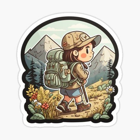 Trekking Illustration, Hiker Drawing, Hiking Drawing, Hiking Illustration, Adventure Drawing, Mountain Stickers, Hiking Art, Hiking Design, Big Backpack