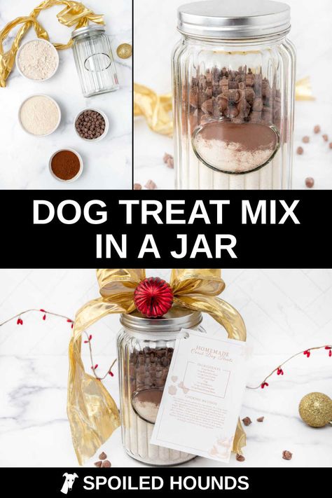 This Dog Treat Mix in a Jar layers oat flour, brown rice flour, carob powder, and carob chips, creating a beautiful and thoughtful present. Perfectly decorated for Christmas and complete with an attached recipe card, this mix makes delicious carob dog treats - an ideal homemade holiday gift for any dog parent! Carob Dog Treats, Mix In A Jar, Christmas Dog Treats, Dog Treats Homemade Easy, Easy Dog Treat Recipes, Homemade Holiday Gifts, Easy Dog Treats, Carob Powder, Pumpkin Pie Mix