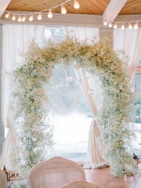 03 baby's breath wedding arch with hanging candle holders will make your ceremony heavenly and elegant - Weddingomania Winter Wedding Ceremony Decorations, Winter Wedding Arch, Blue Winter Wedding, Wedding Ceremony Arch, Floral Wedding Decorations, Wedding Arch Flowers, Arch Flowers, Babies Breath, Ceremony Arch