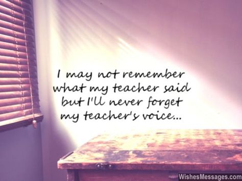 I may not remember what my teacher said but I’ll never forget my teacher’s voice. via WishesMessages.com Teacher Attachment, Happy Teachers Day Message, International Teachers Day, Teachers Day Message, Retirement Messages, Married Life Quotes, Message For Teacher, Teacher Posters, Teacher Quotes Inspirational