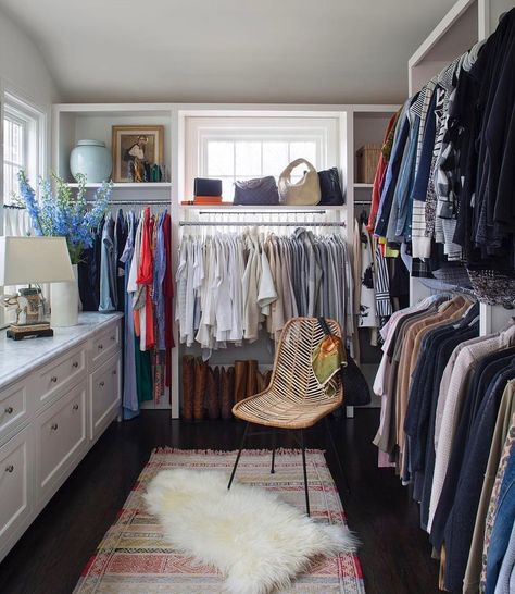 We converted this sunroom into a 💣 dressing room. The lighting is on point and the storage is awesome! Photography | @emredfield Design |… Room To Closet Convert, Office And Closet Combo Room, Closet And Office Combo, Window Closet, Transitional Closet, White Sheepskin Rug, Closet Addition, Dresser In Closet, Dressing Room Closet