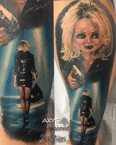 Bride Of Chucky Tattoo, Jennifer Tilly Chucky, Zombie Bride Makeup, Tiffany Tattoo, Tattoos Horror, Tiffany Bride Of Chucky, Chucky Tattoo, Tiffany Bride, All Black Tattoos