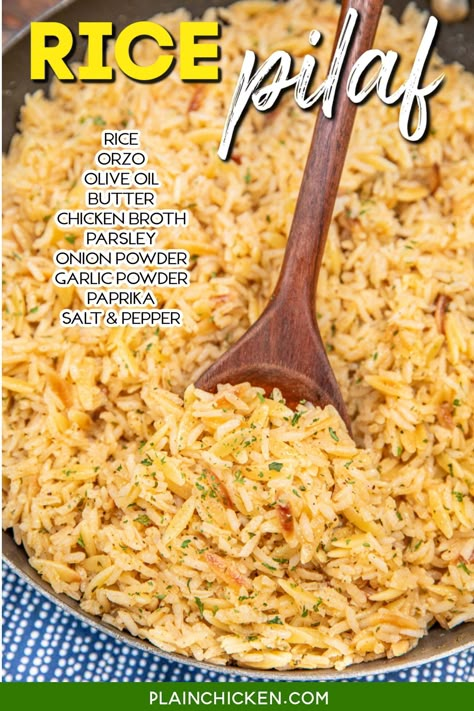 Easy Rice Pilaf Recipe -  This flavorful side dish is perfect for any occasion, from family dinners to special gatherings. Made with rice, orzo, chicken broth, olive oil, butter, garlic, onion, paprika, parsley, salt, and pepper, it's the ideal complement to a variety of main courses. A must-try recipe that'll have everyone asking for seconds! Plain Chicken Recipe, Easy Rice Pilaf, Seafood Soups, Rice Pilaf Recipe, Pilaf Recipe, Rice Side Dish Recipes, Pilaf Recipes, Olive Oil Butter, Easy Rice