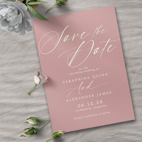 Dusty Rose Pink Mauve | Simple Elegant Script  Save The Date Cornflower Wedding, Save The Date Text, Mauve Wedding, Save The Date Wording, Unique Save The Dates, Party Stationery, Dusty Rose Pink, Pink Mauve, Formal Invitation