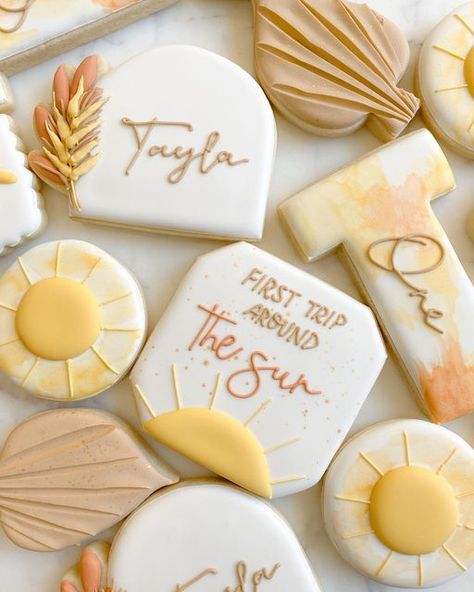 Sunshine Themed Birthday Cake, Sunshine Theme Cookies, Sunshine First Birthday Cookies, Sunshine Birthday Cookies, Sunshine Birthday Party Food, First Trip Around The Sun Cookies, Sun Themed Food, Boho Sun First Birthday, Sun Sugar Cookies