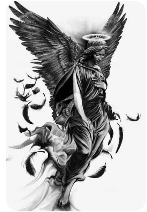 Angel Warrior Tattoo, Angel Sleeve Tattoo, Christus Tattoo, Guardian Angel Tattoo Designs, Guardian Angel Tattoo, Archangel Tattoo, Heaven Tattoos, Half Sleeve Tattoos Drawings, Realistic Tattoo Sleeve