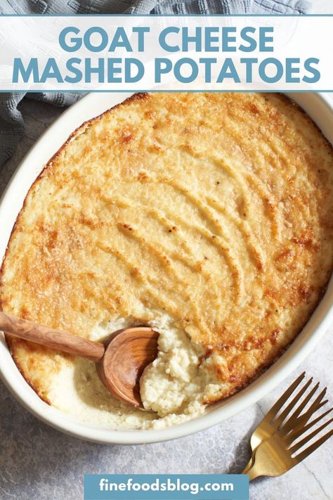 Goat cheese mashed potatoes with a wooden spoon in it in an oval casserole dish. Two gold forks are in the bottom right. Mashed Potatoes Ina Garten, Cheese Mashed Potatoes Recipe, Goat Cheese Mashed Potatoes, Cheese Mashed Potatoes, Mashed Potatoes Recipe, Ina Garten Recipes, Gluten Free Sides Dishes, Vegetarian Side Dishes, Mashed Potato Recipes