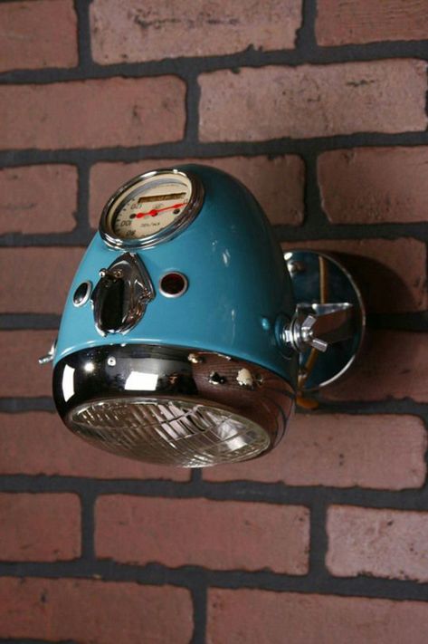 35 Cool Ways To Recycle Motorcycle Parts Into Your Decor | Home Design And Interior Vintage Garage Decor, Car Part Art, Car Parts Decor, Garage Furniture, Car Part Furniture, Automotive Furniture, Car Furniture, Automotive Decor, Motorcycle Headlight