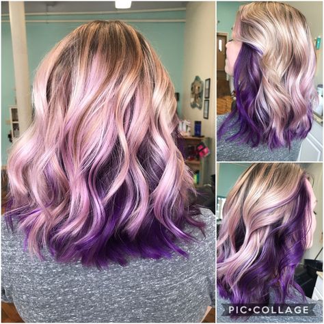 Purple underneath ash blonde balayage 💇🏼‍♀️💜 #purple #blonde #balayage #shorthair #obsessed #hairgoals #myhair Purple Balayage Hair Blonde, Ash Blonde With Color Peekaboo, Colored Hair Tips Purple, Blond Hair With Highlights Short, Blonde With Peekaboo Color Purple, Balayage With Purple Peekaboo, Vivid Halo Hair, Light Purple Balayage Blondes, Blond Hair With Purple Underneath