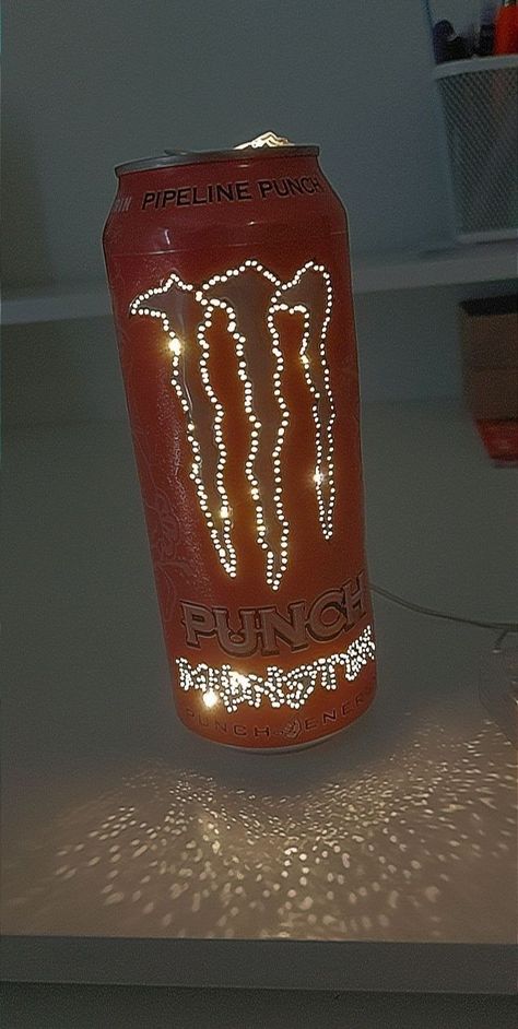 Monster Energy Drink Decorations, Light Up Monster Can, Monster Can Light Diy, Monster Energy Crafts Diy, Hello Kitty Monster Can Light, Monster Drinks Diy, Ideas To Do With Monster Cans, Energetyki Monster, Things To Do With Monster Energy Cans