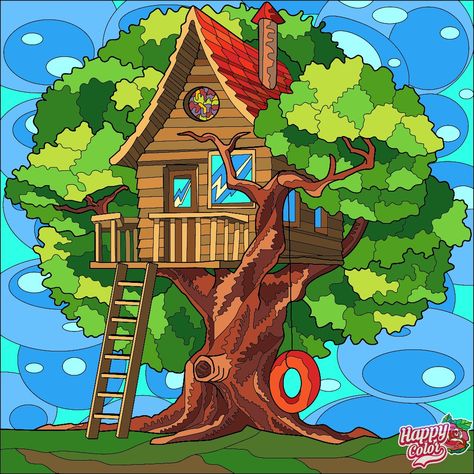 Treehouse Coloring Pages By Number, Tree House Drawing, April Art, Filipino Art, Star Coloring Pages, Sky Art Painting, Silhouette Painting, Image Swag, Cottage Art