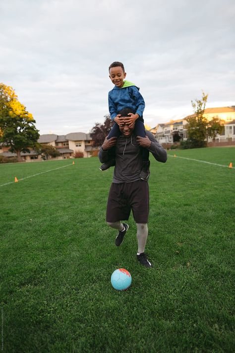 Man Giving Child Shoulder Ride With Soccer Ball At Park | Stocksy United Football Academy, Soccer Kids, Football Trophies, Soccer Photography, Small Boy, Football Kids, Playing Football, Kids Soccer, Soccer Boys