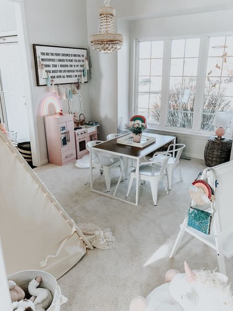 Wendy Correen Smith: Dining Room to Playroom Conversion. Pink Kitchen, Lace Teepee, Pillowfort Table & Chairs, Art Easel. Whimsical rainbow inspired playroom for toddler girl. Turn Dining Room Into Playroom, Convert Dining Room To Playroom, Formal Dining Room As Playroom, Dinning/play Room, Dining Room Playroom Conversion, Dining Room To Playroom Conversion, Dining Room Into Playroom, Dining Room To Playroom, Dining Room Turned Playroom