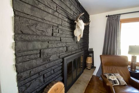 Stove Hearth Ideas, Black Painted Fireplace, Wood Stove Hearth Ideas, Black Stone Fireplace, Brown Fireplace, Fireplace Painted, Stone Fireplace Decor, Painted Stone Fireplace, Stove Hearth