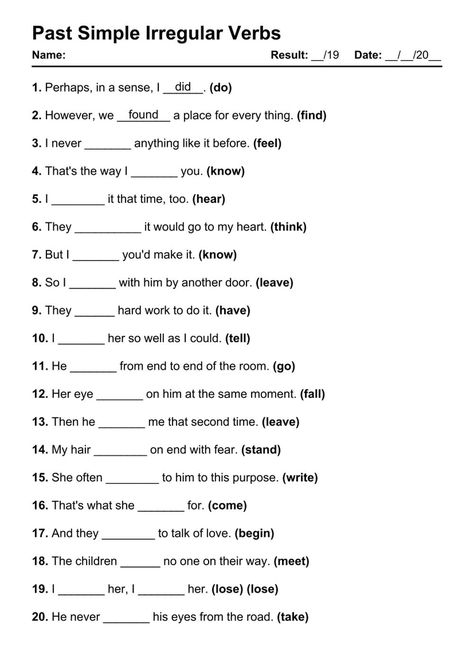 Past Simple Irregular - Test 2 Past Simple Irregular Verbs Worksheets, Past Simple Grammar, Past Simple Worksheets, Irregular Verbs Worksheet, Simple Past Tense Worksheet, English Preschool, Past Simple Tense, Past Tense Worksheet, Verb Chart