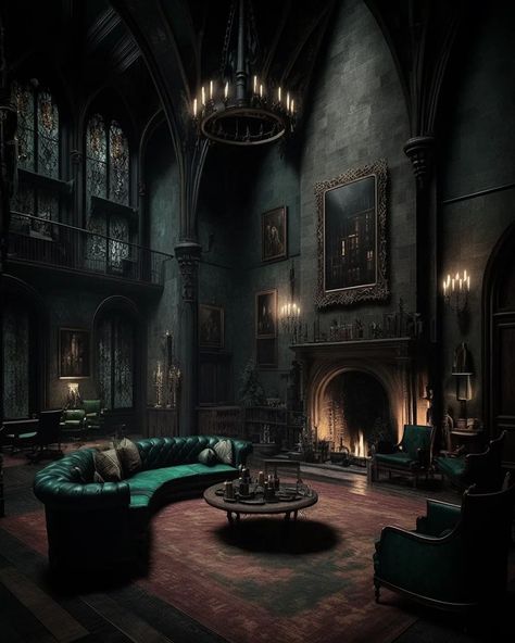 Old World Modern Living Room, Addams Family Interior, Goth Mansion Interior, Slytherin Room, Slytherin Common Room, Dnd Diy, Gothic Mansion, Gothic Interior, Dark Windows