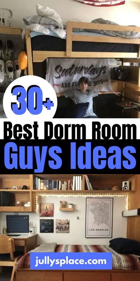 Guys Dorm Room Ideas Dorm Room Tv Set Up, Above Desk Shelves, Guys Dorm Room Ideas, Guy Dorm, Guy Dorm Rooms, Tv Set Up, Diy Dorm Decor, Cheap Dorm Decor, Bedside Shelf