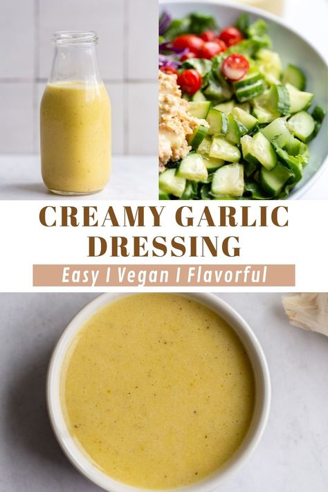 Creamy Garlic Dressing is a flavorful blend of roasted garlic, olive oil, red wine vinegar, dijon mustard and maple syrup (or honey). This easy vegan salad dressing recipe is delicious drizzled over your favorite salads or grain bowls, or used as a dip for veggies! Garlic Dressing Recipe Oil, Salad Dressing Recipes Garlic, Olive Oil Dijon Mustard Dressing, Vegan Creamy Garlic Dressing, Garlic Olive Oil Dressing, Honey Garlic Salad Dressing, Roasted Vegetable Salad Dressing, Roasted Garlic Dressing Recipes, Roasted Veggie Dressing