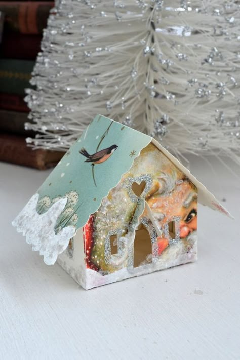 Recycled Christmas Cards, Christmas Putz Houses, Card Ornaments, Recycle Christmas Cards, Old Christmas Cards, Glitter House, Recycled Christmas, Cardboard Houses, Putz House