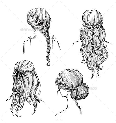 Set of Different Hairstyles Girl Hair Drawing, Hair Drawings, Hair Vector, Hair Illustration, Draw Hair, Hair Sketch, Drawing Help, Drawing Hair, Hair Drawing