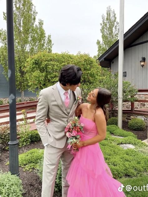 Pink Hoco Dress With Date, Gray And Pink Prom Couple, Prom Date Outfits Matching, Pink Prom Dress Couple Pictures, Spinning Prom Pictures, Pink Senior Prom Dress, Pink Prom Inspo Couple, Matching Pink Prom Outfits, Pink Prom With Date