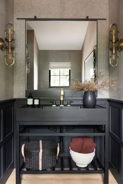 Dark Powder Room, Moody Powder Room, Powder Room Mirror, Powder Room Design, Bold Wallpaper, Dark Walls, Powder Bath, Design Studios, Co Design