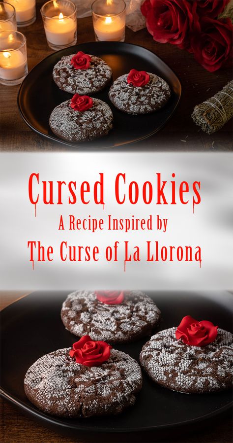 Horror Movie Themed Meals, Friday 13th Desserts, Horror Baked Goods, Pagan Meals, Goth Food Recipes, Gothic Food Recipes, Horror Desserts, Fantasy Food Recipes, Goth Cookies