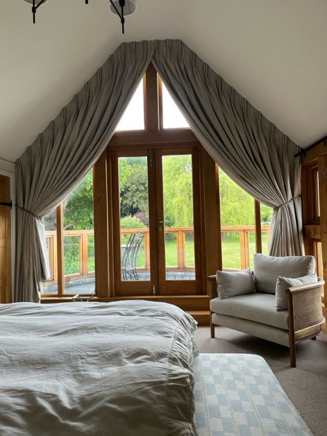 Here at Honeysuckle Interiors we have had our fair share of tricky windows to dress recently.Especially #apexwindows.  Our beautiful handmade #apexcurtains are tailored to perfectly fit the angles and dimensions of your feature window.  If you’re looking for a practical #apexwindowdressing  solution contact us at designteam@honeysuckle interiors.co.uk Angled Curtains, Apex Window Curtains, Gable End Windows, Apex Windows, Apex Window, Gable Window, Shaped Windows, A Frame, Window Curtains