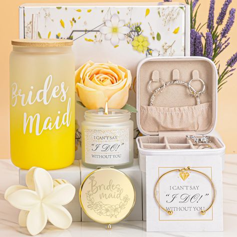 PRICES MAY VARY. Bides Maid Gift Box Set: This bridesmaid proposal box makes a great gift for a bachelorette party, bridal party, bridesmaid luncheon, rehearsal dinner, or wedding day. There are a total of 8 items in the box: 1* yellow water cup, 1* portable makeup mirror, 1* jewelry box, 1* flower claw clip, 1* scented candle, 1* yellow flowers, 1* bracelet and 1 card. Each item is carefully selected for the bridesmaids and packaged with care in a beautiful box. Bridesmaid Proposal Gifts:The ca Braidsmaid Gifts, Bridesmaid Kit, Honorary Bridesmaid, Will You Be My Bridesmaid Gifts, Gifts For Wedding, Gifts Bridesmaid, Bridesmaid Gift Boxes, Bridemaids Gifts, Bridesmaid Box