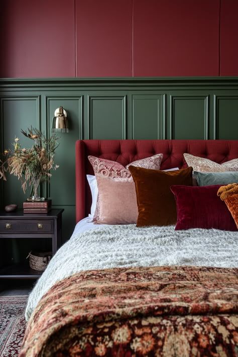 13 Burgundy Bedroom Designs To Inspire Your Next Makeover – DreamyHomeStyle Burgundy Pink And Teal Bedroom, Muted Red Bedroom, Green Pink Red Bedroom, Plum Wall Bedroom, Dark Green And Burgundy Bedroom, Burgundy Guest Bedroom, Burgundy Bedroom Color Scheme, Burgundy And Beige Bedroom, Dusky Pink Dressing Room