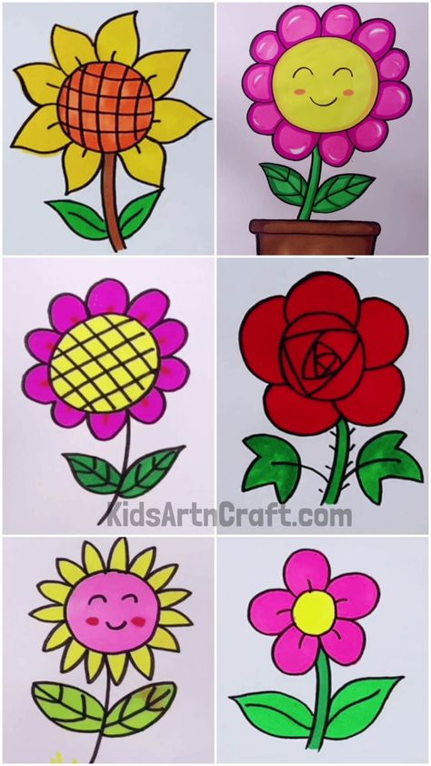 Easy Flower Drawing Ideas For Kids Check more at https://www.kidsartncraft.com/easy-flower-drawing-ideas-for-kids/ Flower Drawing For Kids Easy, Easy Drawings Of Flowers, Flower Drawing For Kids, Basic Drawing For Kids, Flower Drawing Ideas, Drawing Classes For Kids, Drawing Ideas For Kids, Simple Flower Drawing