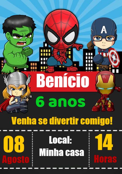 Edite grátis você mesmo usando nosso editor online | Design by Baby Convites | Convite Digital Convite Heróis, os vingadores, homem aranha O convite Convite Heróis, os vingadores, homem aranha perfeito para o seu evento! Personalize o convite do seu jeito com nosso editor online Nosso convite digital Convite Heróis, os vingadores, homem aranha é totalmente personalizável. Você pode alterar o texto, a fonte, as cores e até mesmo adicionar fotos. É fácil de usar e você pode ed Superhero Theme, Hulk, Online Design, Avengers, Spiderman, Marvel