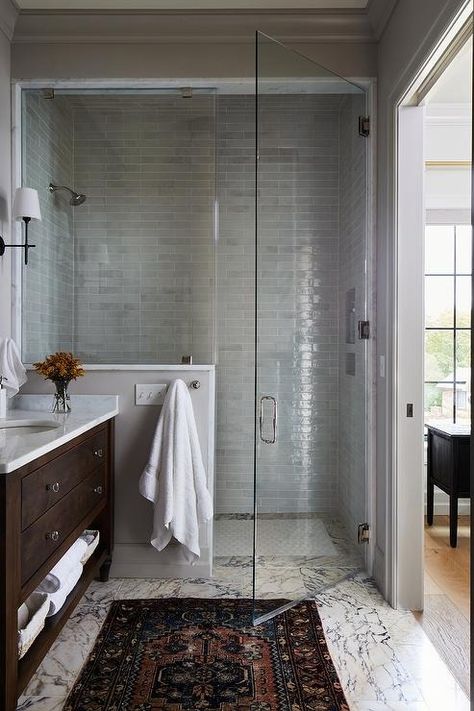 Walk In Shower with Shower with Gray Linear Stacked Tiles - Transitional - Bathroom Walk In Shower Flush With Floor, Grand Lake Oklahoma, Clear Shower Door, Towel Shelf, Shower Bench, Transitional Bathroom, Grand Lake, Vintage Bath, Bathroom Decorating