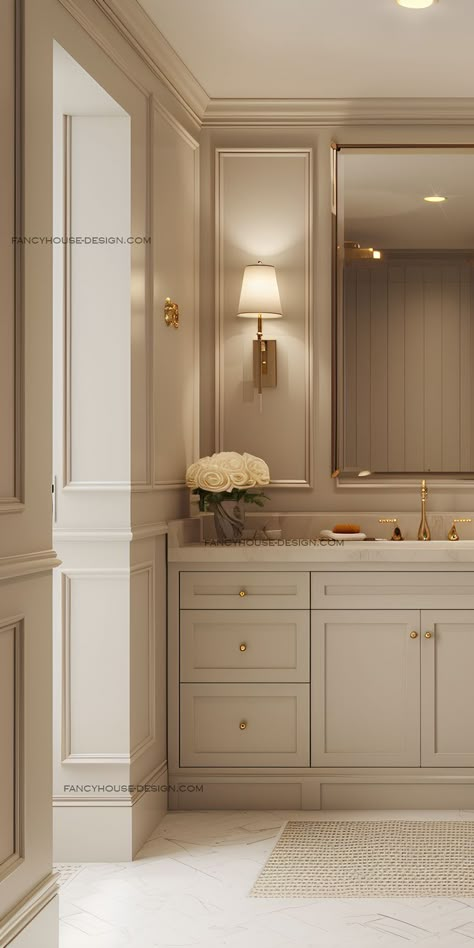 The cohesive look of the bathroom is achieved through careful selection of cabinet hardware and baseboards. Walk In Closet Ideas Master Luxury His And Hers Bathroom, Classic Contemporary Bathroom Design, Dark Wood Powder Room, American Classic Bathroom Design, Dramatic Marble Bathroom, Elegant Traditional Bathroom, Bathroom With Wall Paneling, Transitional Bathrooms Designs, Small Hotel Bathroom Ideas