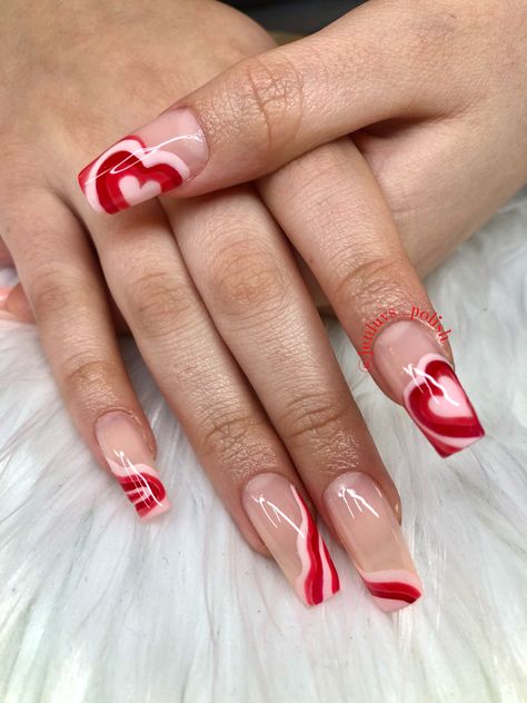 Retro Heart Aprés GelX Nails Layered Heart Nails, Retro Heart Nails, Heart Pattern Nails, Spring Nails 2023 Gel Colors, Heart Glitter Nails, Koi Fish Nails, Nails Heart Design, Valentines Things, Red Heart Nails