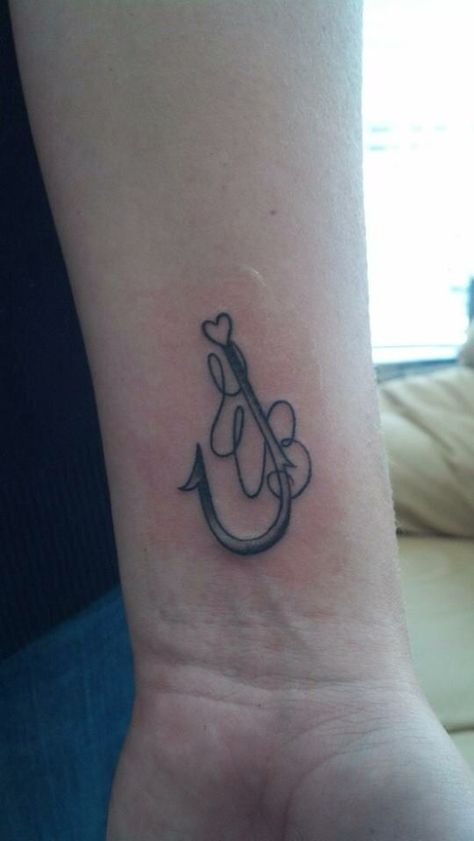 Hook tattoo with my grandfathers initials as the fishing line Fishing Line Tattoo Ideas, Small Hook Tattoo, Small Bass Fish Tattoo, Fish Hook Memorial Tattoo, Fish Hook Tattoo With Name, Hook Tattoo For Women, Feminine Fishing Tattoo, Fish Hook Tattoo Women, Grandfather Tattoo Ideas