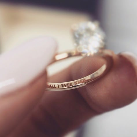 Create a unique engagement ring by engraving it with a special message like, "all I ever need." You can customize your wedding ring this way, too! Here are other engraving ideas and tips. // Photo: Bling Book by Loverly and Ring: National Jewel Creations Ring Engraving, Ring Selfie, Engraving Ideas, Wedding Band Engraving, Engraved Wedding Rings, Engraved Engagement Ring, Ring Sling, Princess Ring, Engraved Wedding