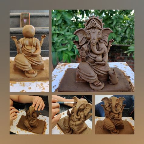 Vinayaka Making With Clay, Diy Clay Ganesha, Mud Ganesha Idol Making, Home Made Ganpati Murti, Clay Ganesha Handmade Step By Step, Ganesha Idol Clay, Ganpati Making At Home, Small Ganpati Decoration At Home, Eco Friendly Ganesha Making